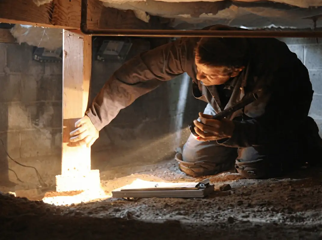 A professional inspecting wooden beams under the floor of a structure in Tampa, FL