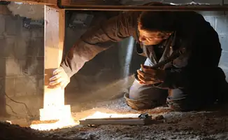 A professional inspecting wooden beams under the floor of a structure in Tampa, FL